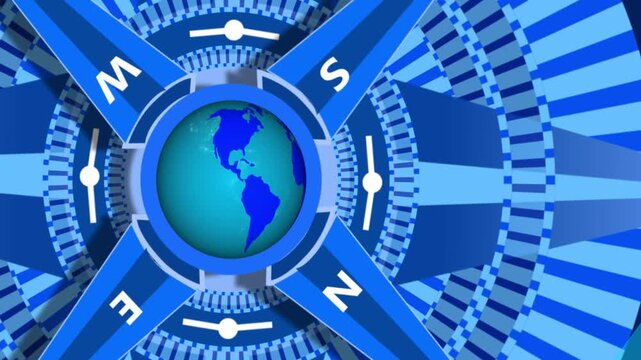 Compass globe with striped rings animation, Stylized compass with globe center and rotating striped rings, abstract modern design