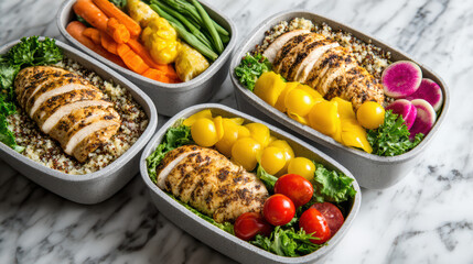 healthy meal prep containers with colorful vegetables and quinoa