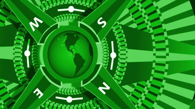 Compass globe with striped rings animation, Stylized compass with globe center and rotating striped rings, abstract modern design