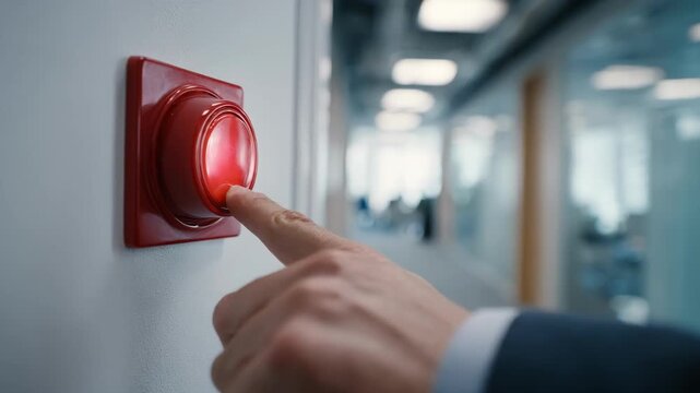 Medium shot of an individual visibly pressing a large emergency button in an office corridor highlighting accessible safety measures.