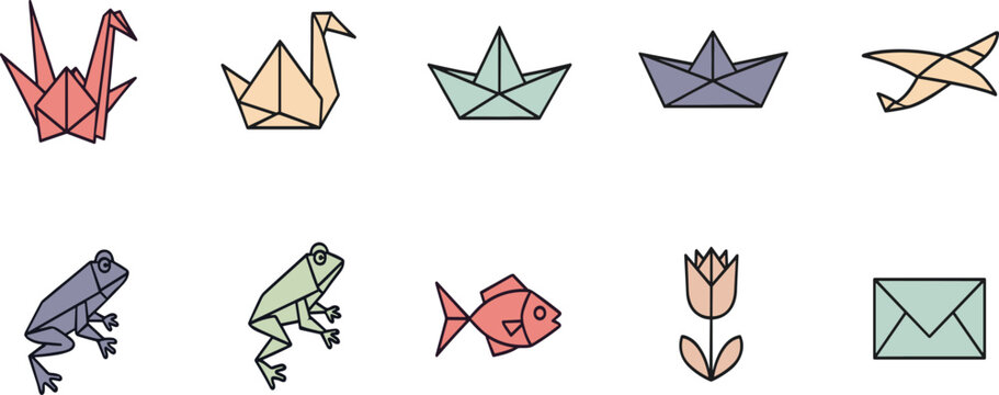 Origami Colored Line Icon Set with Crane Boat Bird Frog Fish Flower and Envelope for Creative Craft Design