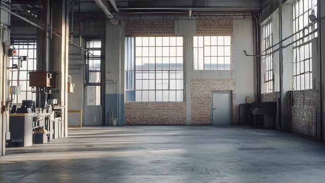 Empty industrial warehouse interior with high ceilings, exposed brick walls, large windows flooding natural light onto polished concrete floor, spacious versatile loft space