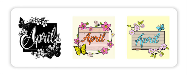 Hand-Drawn Flower with Text Labels Birth April Month Flowers with Eggs, Birds, Cartoon Bees, Flourish,  Rabbits, Script