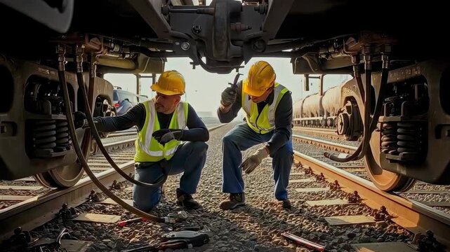 technicians inspecting train undercarriage on tracks, crouched beneath freight car with cables and tools, checking bolts and brakes by flashlight, methodical maintenance and safety routine