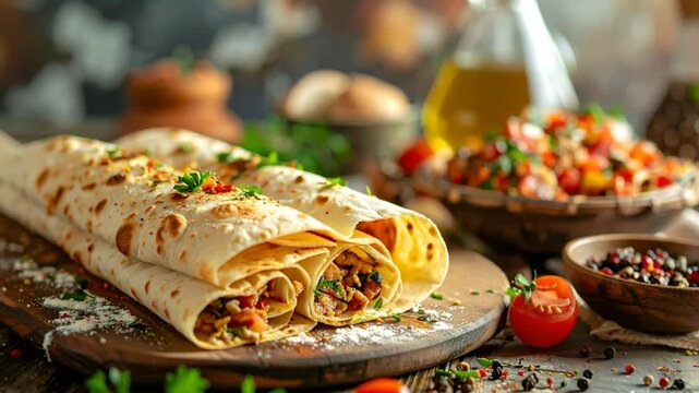 Appetizing wraps with fresh ingredients, served with side dishes
