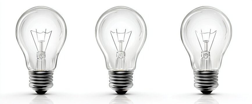 Three clear incandescent light bulbs lined up on a white background