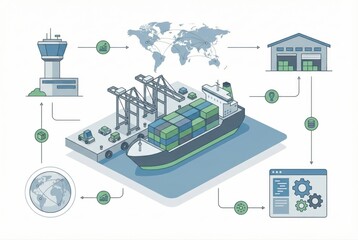 Fototapeta premium Global logistics network illustrating cargo shipping processes, featuring an infographic layout with a cargo ship, airport control tower, and interconnected data visualizations emphasizing