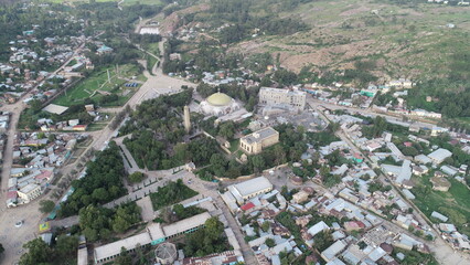 Aerial view of the Church of Our Lady Mary of Zion and the ancient city of Axum, Ethiopia