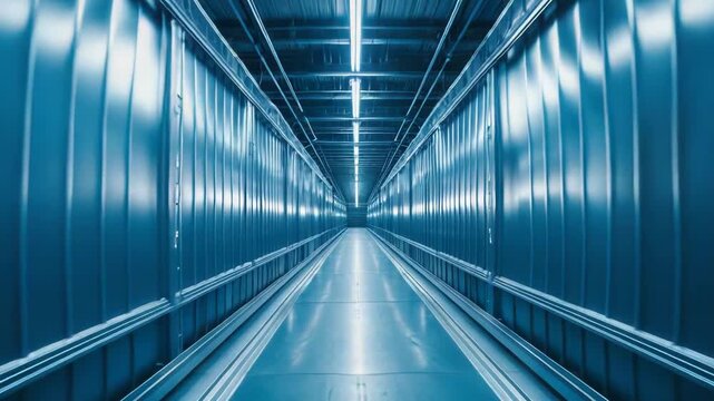 Industrial corridor bathed in cool blue light suggesting advanced technology, sci fi aesthetics, and a clean, efficient environment with a clear path forward