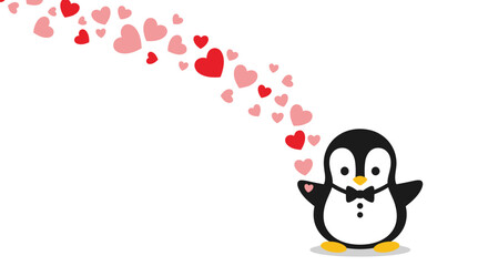 Obraz premium Adorable penguin character wearing a black bowtie with pink and red hearts flying from its outstretched wing for valentine day.