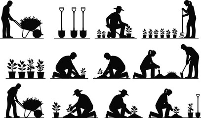 Black vector silhouette set of gardeners planting flowers using wheelbarrows shovels and pitchforks for backyard landscaping spring garden maintenance and professional horticulture, © MstSahanaj