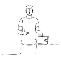 Obraz premium A man standing with a briefcase in one hand and gesturing with the other
