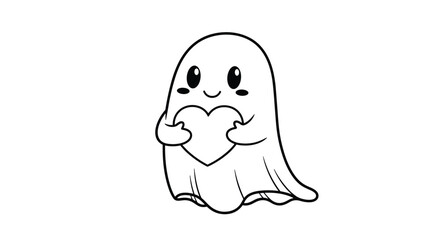 Friendly halloween ghost character holding a large heart symbol of love and kindness for kids coloring activity book.