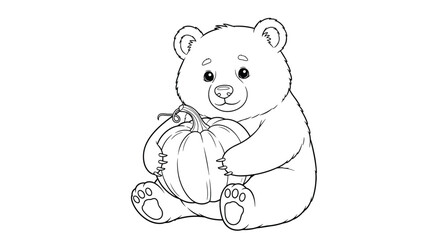 Cute teddy bear character sitting and hugging a large autumn pumpkin for a kids halloween coloring book activity page.