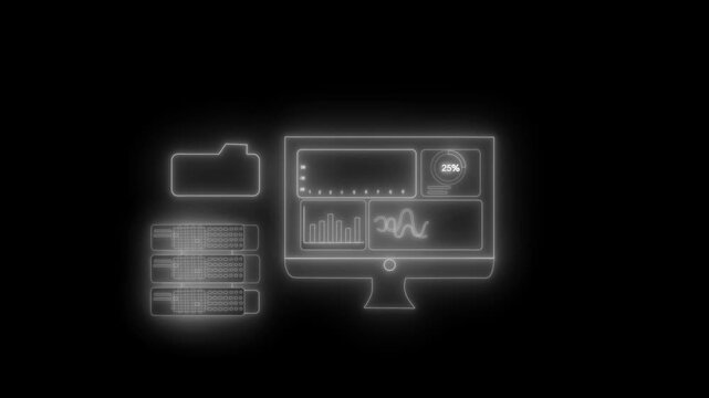 Neon tech dashboard with server and folder icons animation on black background