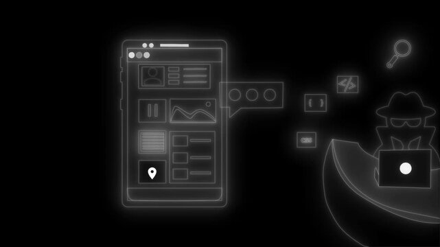 Neon app interface and hacker silhouette animation on black background