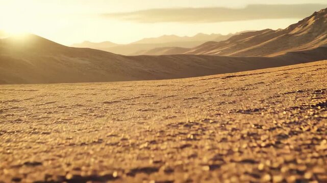 Arid desert plain extends towards distant mountains, with sparse dry plants growing from the barren soil, illuminated by the warm golden light of a setting sun