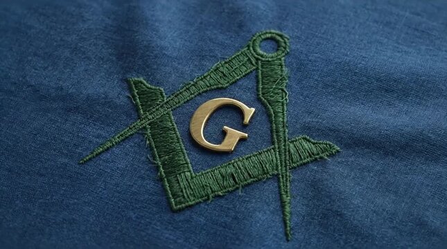 Embroidered Green Square and Compasses with Golden Letter G on Dark Blue Fabric, Close-up of Freemasonry Symbol and Textile Texture