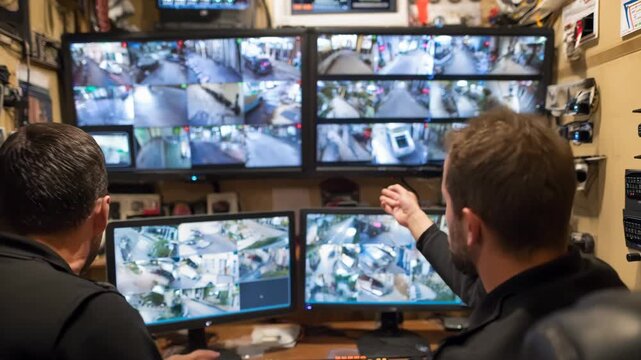 Medium shot of security guards attentively watching multiple surveillance screens in a residential control room ensuring neighborhood safety with focused monitoring.
