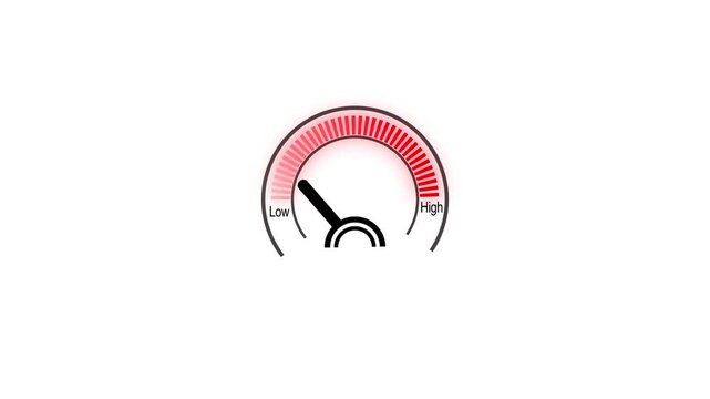 Red and Pink Speedometer Gauge with Glowing Effect Indicating Low Level on a animated White Background