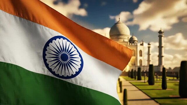 Indian National Flag Waving with Taj Mahal Landmark Background in Cinematic Golden Hour Sunset