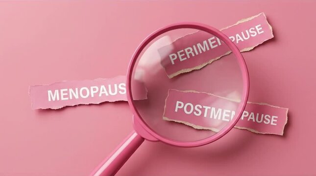 Magnifying Glass Examining Menopause Stages: Perimenopause, Menopause, Postmenopause Concepts on a Pink Background