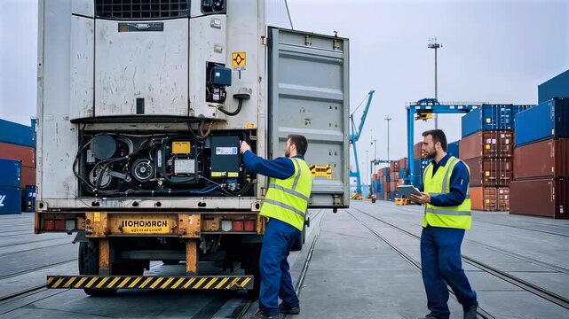 technicians inspecting refrigerated container cooling unit, dockside maintenance with two workers in safety vests examining cargo refrigeration system and performing diagnostic temperature