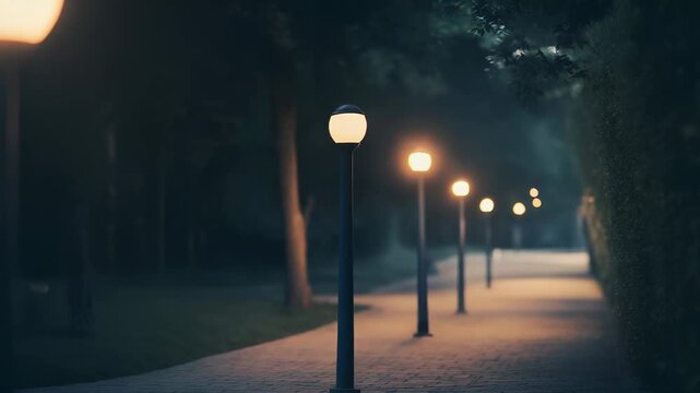 Street lights illuminating a peaceful park pathway, creating a warm ambiance and guiding visitors during the evening, with glowing bokeh lights in the blurry background