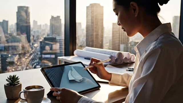 Professional woman working on digital tablet with cityscape view.