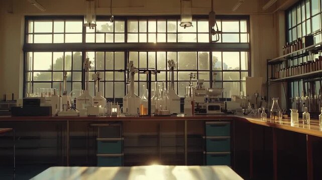Bright sunbeam filling a spacious chemistry laboratory, illuminating the empty desks and various science equipment, reflecting light on glassware and creating a serene atmosphere