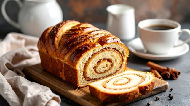 A loaf of swirled bread with coffee, cream, and cinnamon sticks