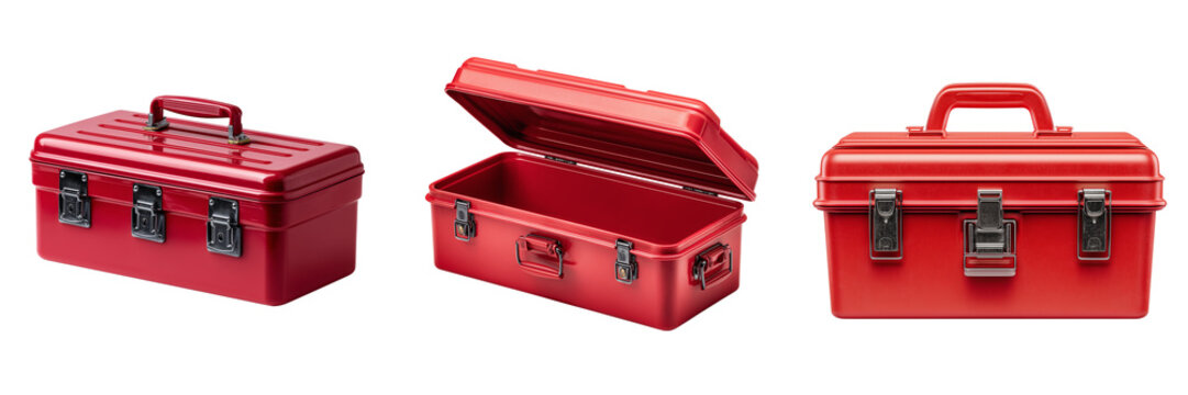 Set of Close-up of a red metal toolbox transparent png background. Ai generated