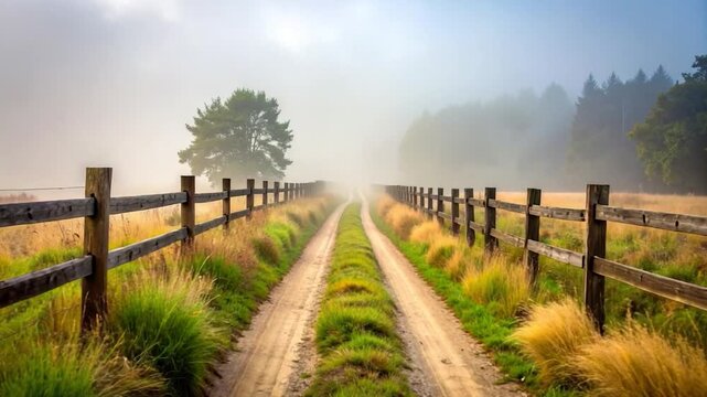 A foggy countryside scene of a dirt path leading to the distance