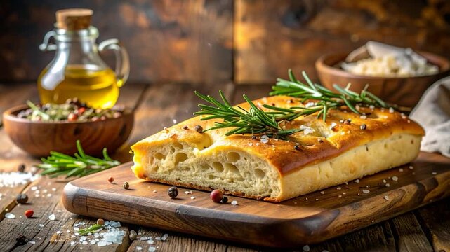 Focaccia bread with herbs and spices on wooden board, with olive oil