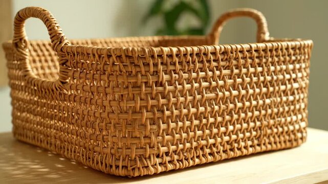Empty wicker basket on a wooden table for home organization. Natural rattan container for storage and interior decor. A beautiful handmade product with a rustic aesthetic