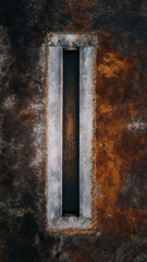 Vertical narrow window slit on dark grunge wall with rusty texture and worn metal surface creates moody and mysterious atmosphere in abandoned architectural structure