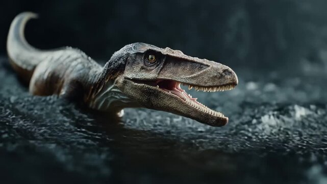4K Fierce baryonyx dinosaur head emerging from dark water in a dramatic, rainy prehistoric environment, detailed scales and sharp teeth visible video