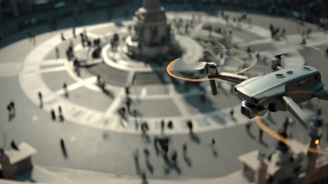 Medium shot of a drone hovering above a historic city square to create detailed mapping data used for interactive virtual tours and precise documentation.