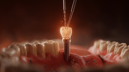 Dental implant being carefully installed or repaired in a jaw, illustrating modern advancements in reconstructive.