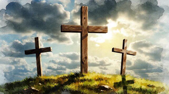 Three wooden crosses on a grassy hill under a dramatic sky with sunbeams. A watercolor style depiction of the crucifixion symbolizing christian faith, sacrifice, and salvation