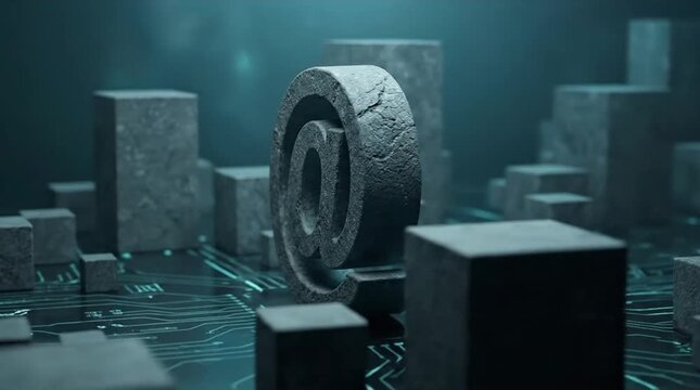 Robust Digital Communication Concept: Textured Stone At Symbol on Glowing Circuit Board with Abstract Blocks