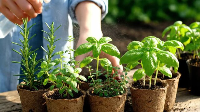 Gardener caring for organic herb seedlings in biodegradable pots. Process of growing fresh basil, rosemary and thyme at home. Panoramic banner for a sustainable farming blog