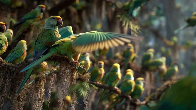 4K Vibrant flock of green and yellow parrots perched on mossy tree branches in a lush tropical forest, showcasing natural wildlife habitat video