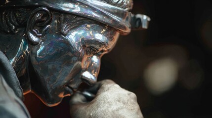 Artisan's hand carefully examines the highly polished metallic surface of a intricately crafted sculpture.