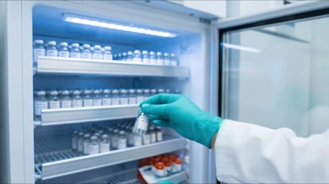 scientist in gloves holding vaccine vial in front of open medical refrigerator with medicine bottles