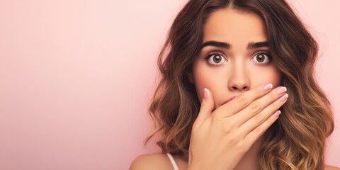 Naklejka premium The Woman Covering Her Mouth in Surprised Expression Against Soft Pink Studio Background