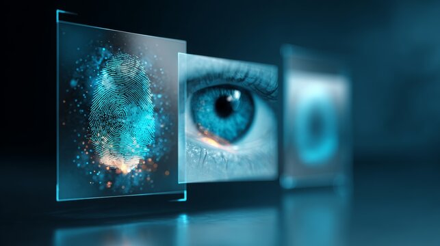 Biometric security system for identity verification, showing digital fingerprint data and a blue human eye scan for access control and personal data protection