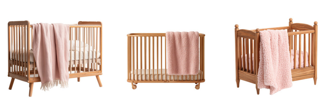 Set of Light wood baby crib with smooth finish and white mattress transparent png background. Ai generated