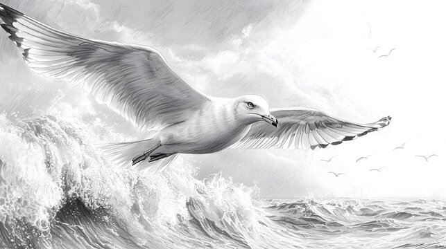 Seagull seabird soaring over sea horizon fine sketch picture