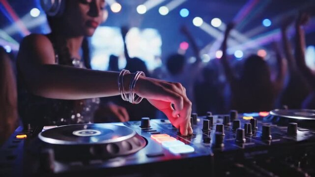 DJ plays electronic music at night club with lights and crowd dancing in background